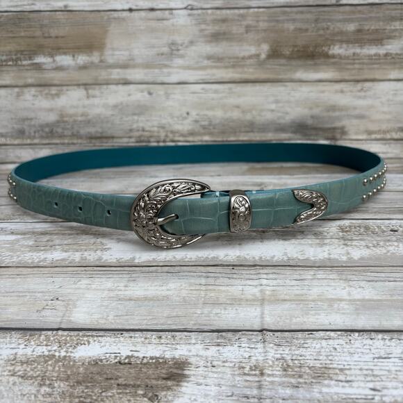 IZOD Leather Belt Sz XL Blue Studded Embossed Western Boho Cowgirl 36” Rodeo Y2K - Picture 4 of 12